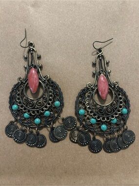 Boho Teardrop Filigree Earrings with Pink Stone and Turquoise Beads